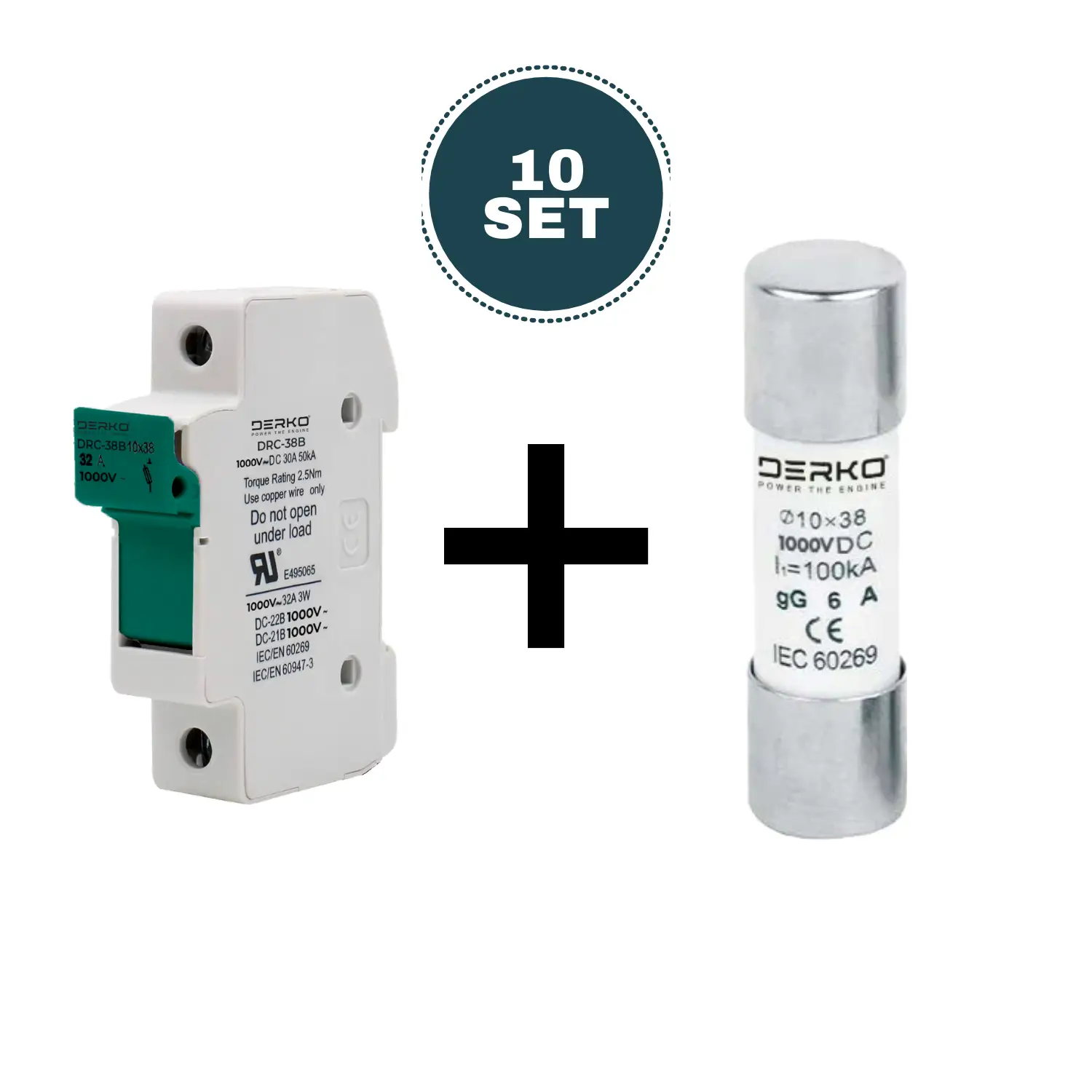 Derko  10 Takım 1500VDC Solar Güneş Paneli Sigorta ve Kartuş Yuva Seti 25 Amper