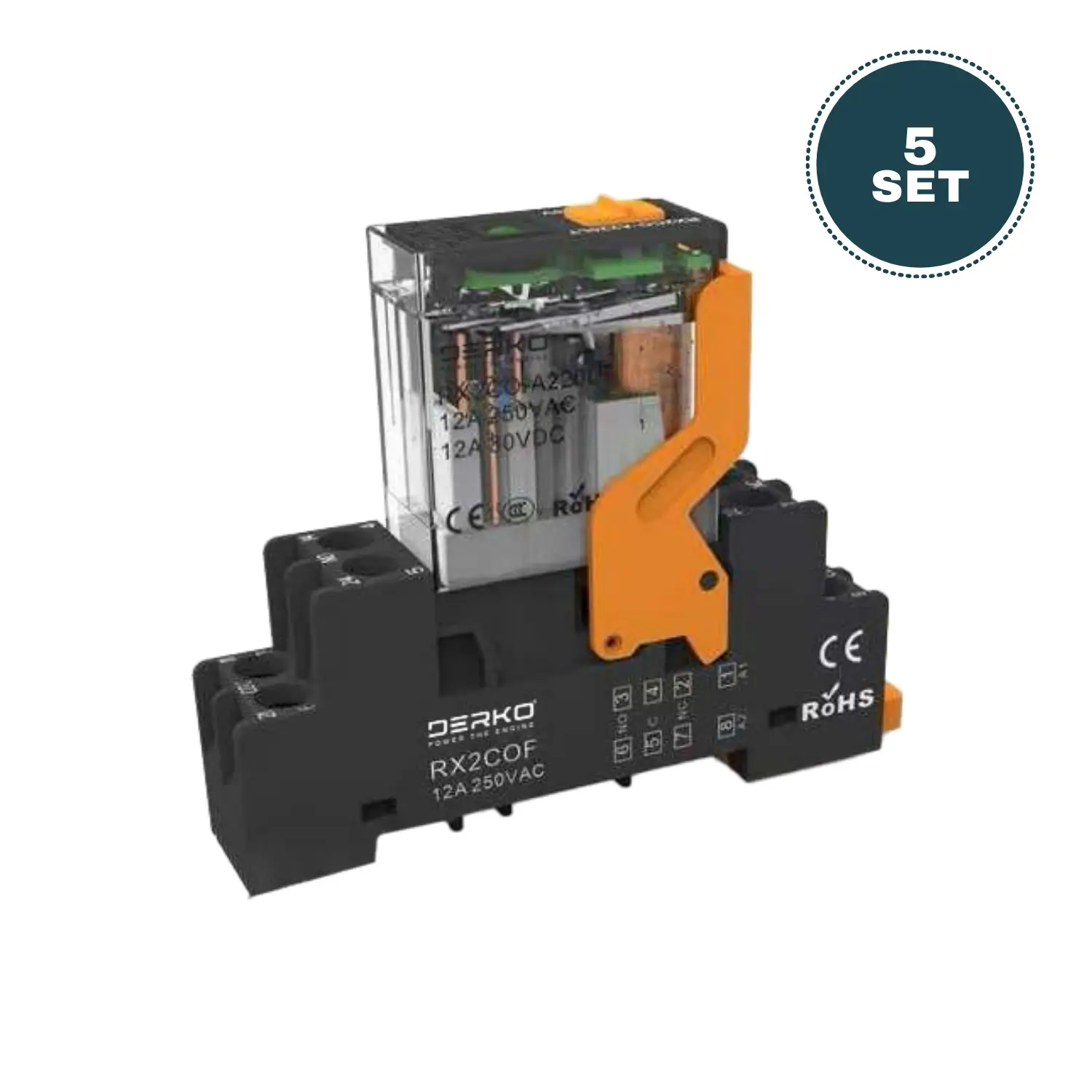Derko 5 SET  RX2CO-A230 220V AC 2 KUTUP - İĞNE BACAK RÖLE + SOKET TAKIM