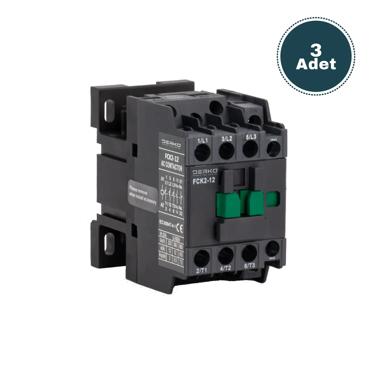 Derko 3 Kutup Eko Seri  12 Amper 220V AC Kontaktör 3 Adet